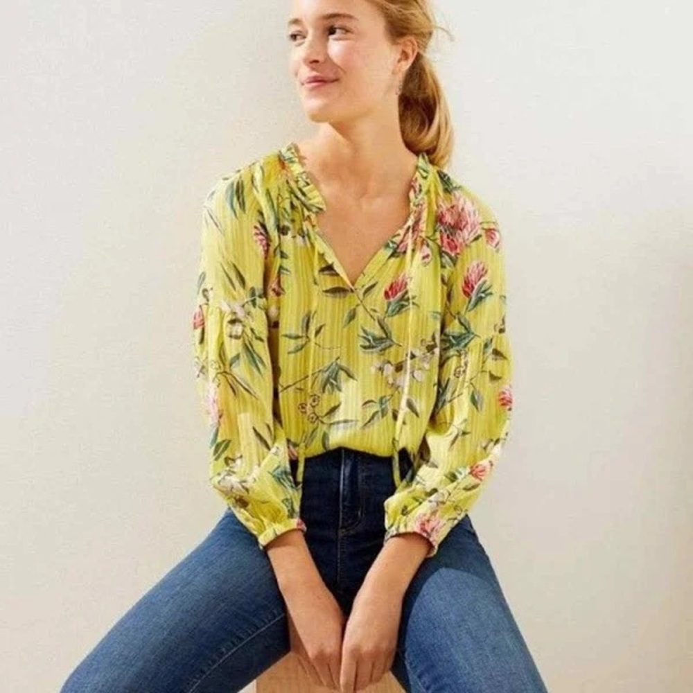 LOFT | Floral Pleated Tie Neck Blouse